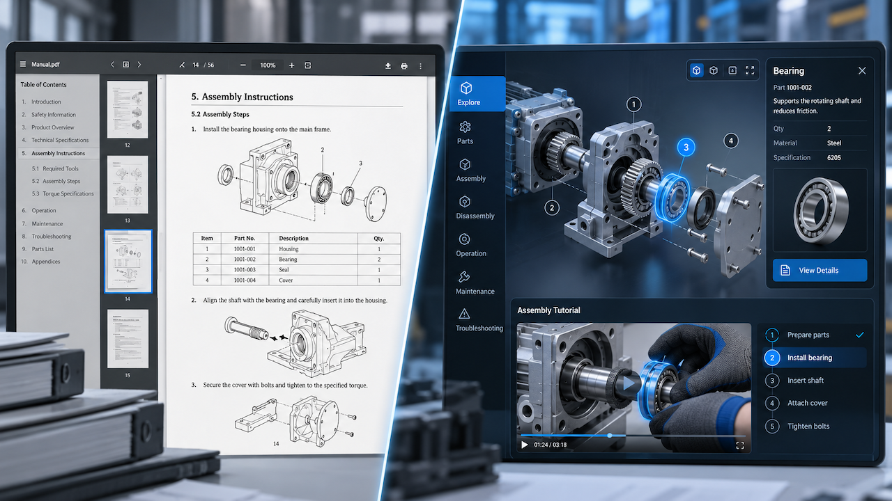 Confronto tra manuale tecnico PDF e documentazione tecnica interattiva con modello 3D e video guidato