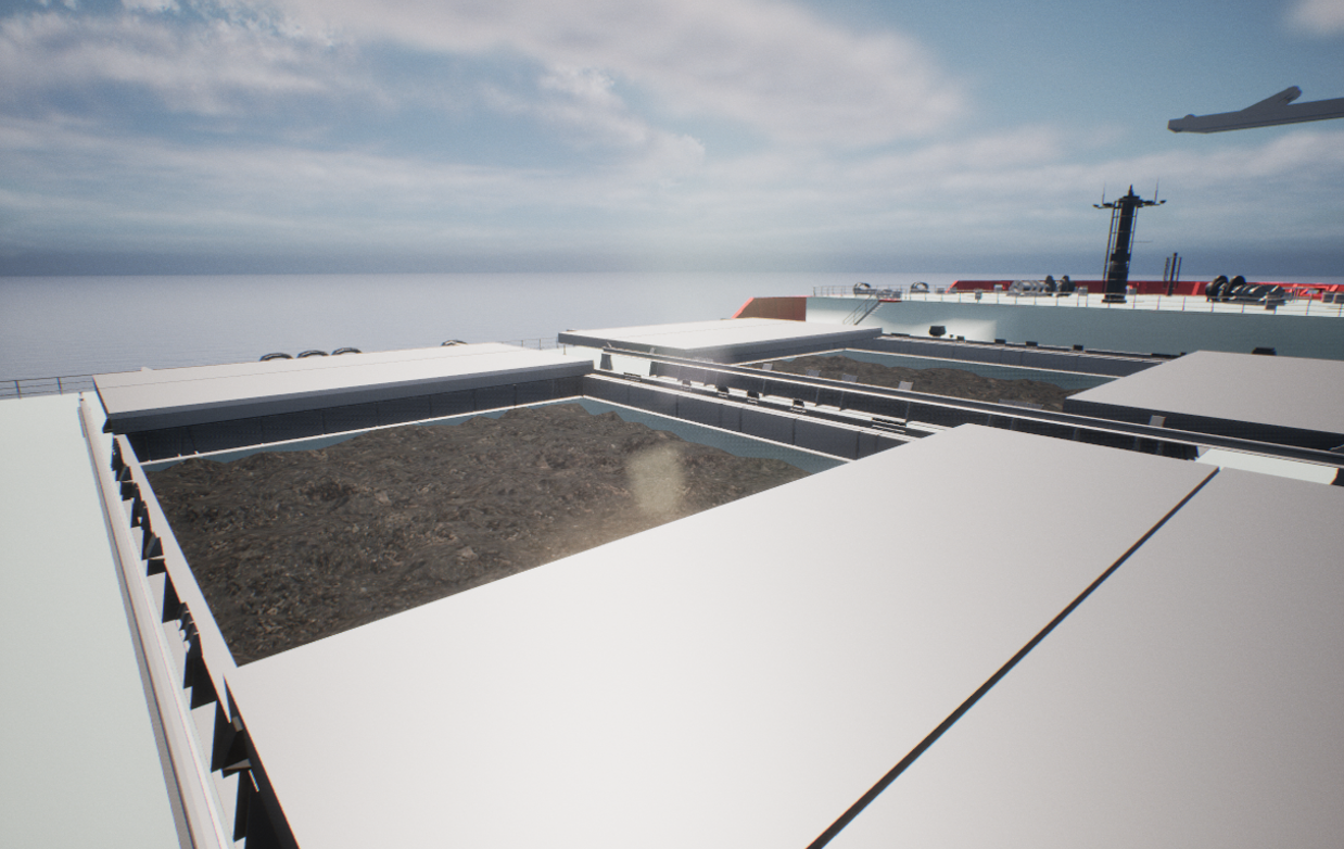 Rendering 3D della nave cargo con stive cariche, simulata nell’ambiente VR del progetto SafeForPorts