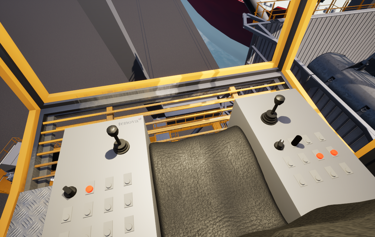 Vista dalla cabina di comando simulata con pannelli di controllo e joystick, progetto SafeForPorts