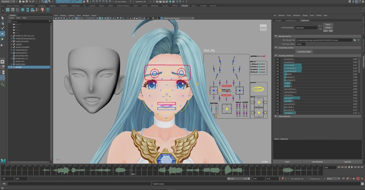 Rig facciale in Autodesk Maya per personaggio anime di Granblue Fantasy Relink, con controlli espressivi e animazione labiale